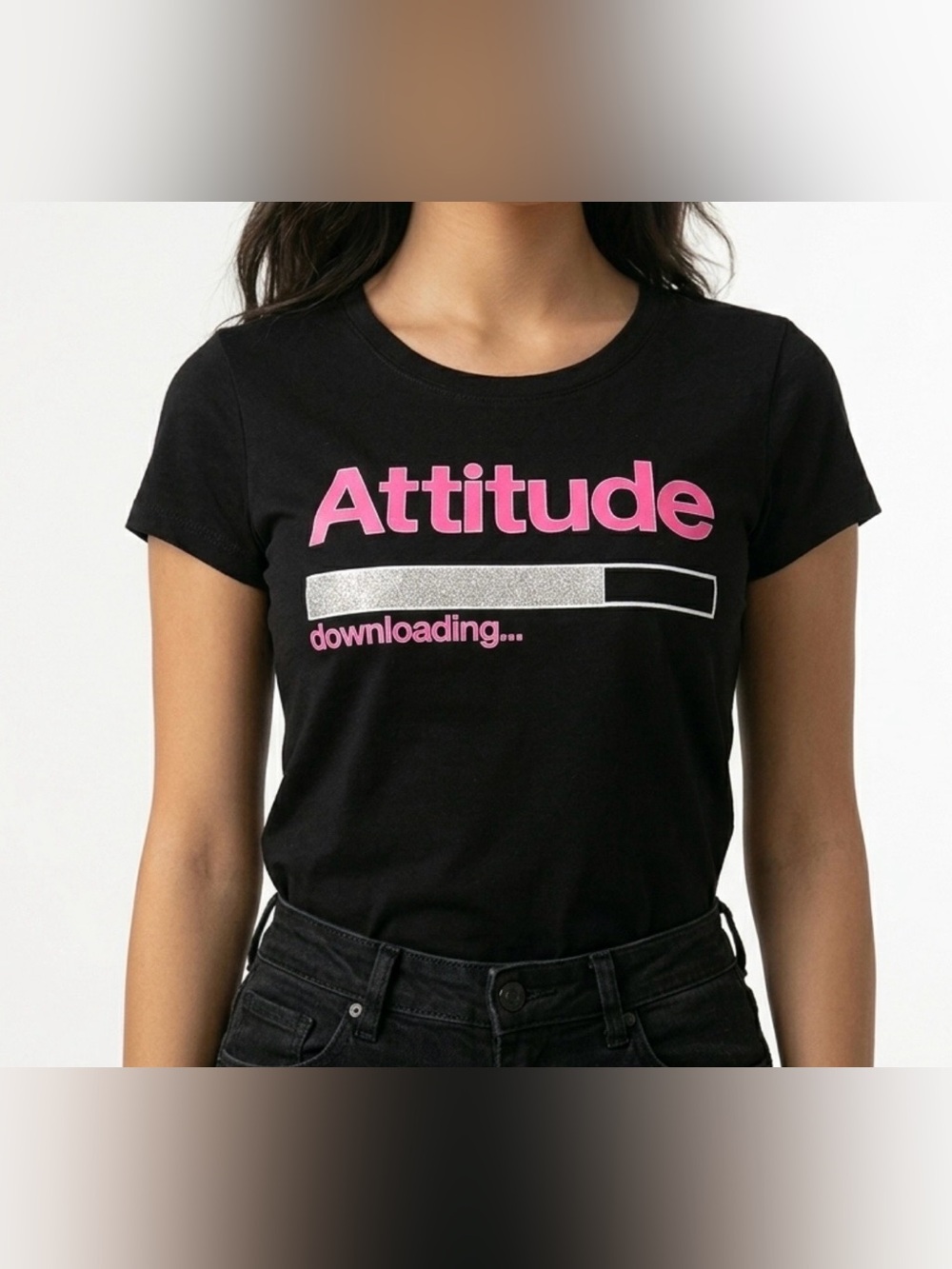 WOUND UP Women’s Black Tee with Pink & Silver 'Attitude' Graphic -